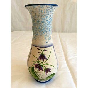 Vintage 9” Ceramic Vase‎ Hand Painted Floral Purple Flowers Edge Blue Smudge